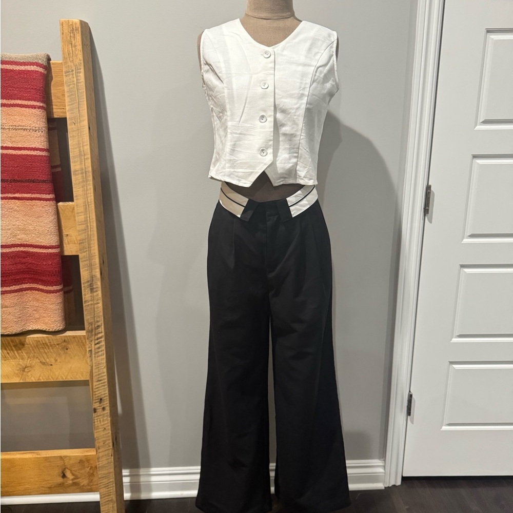 Commense Black Wide Leg Pants with White Waistband Detail